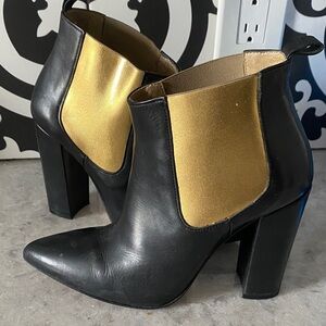 Women's Black Leather Ankle Booties with Gold Elastic Panels